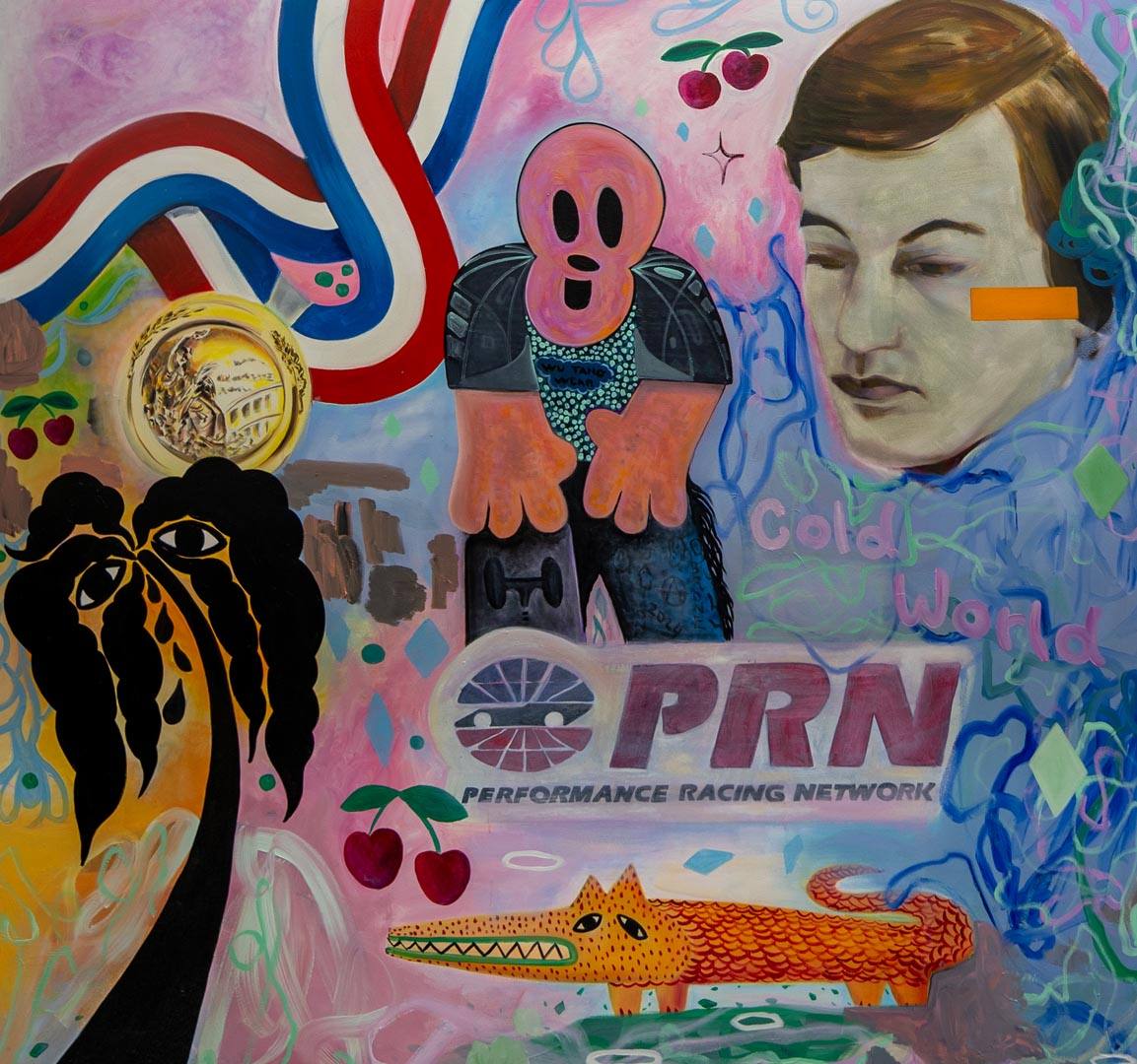 Colourful figurative artwork on display